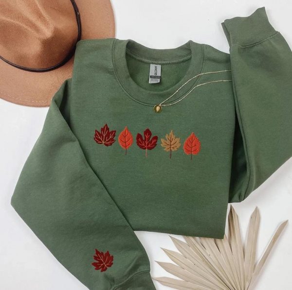 Embroidered Fall Leaves Sweatshirt, Fall Hoodie for Women, Thanksgiving Crewneck, Spooky Season