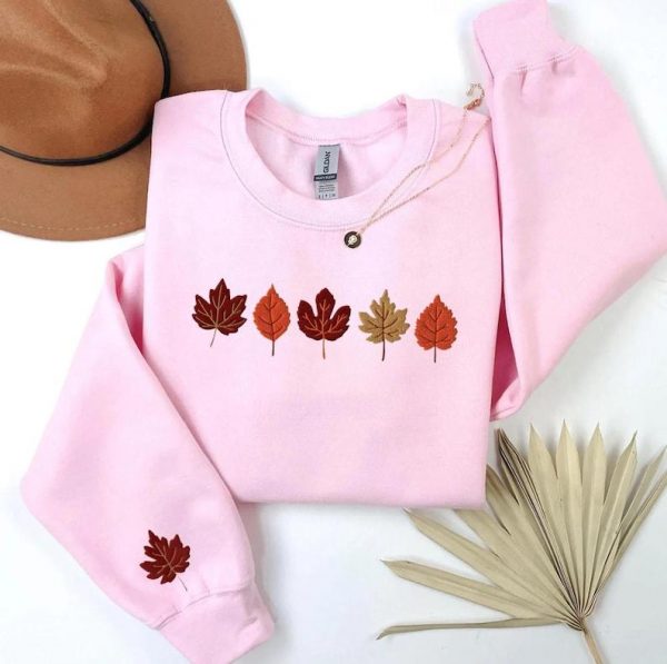 Embroidered Fall Leaves Sweatshirt, Fall Hoodie for Women, Thanksgiving Crewneck, Spooky Season