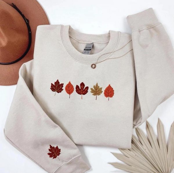 Embroidered Fall Leaves Sweatshirt, Fall Hoodie for Women, Thanksgiving Crewneck, Spooky Season