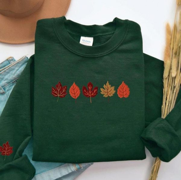 Embroidered Fall Leaves Sweatshirt, Fall Hoodie for Women, Thanksgiving Crewneck, Spooky Season