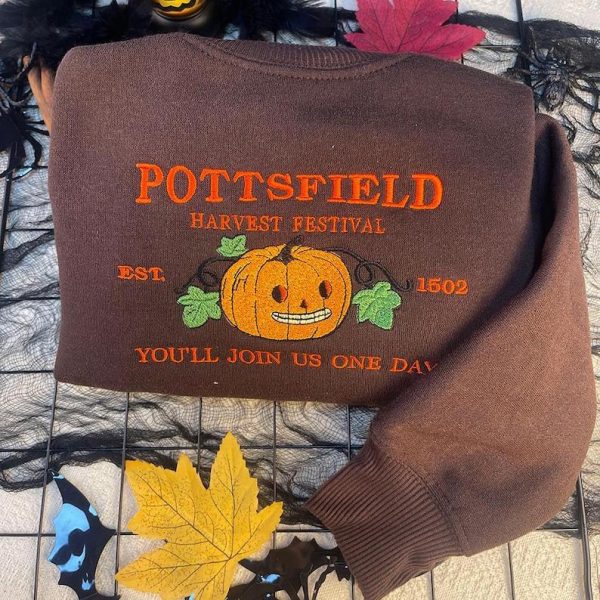 Pottsfield Harvest Festival Pumpkin Carver Embroidered Sweater, Over The Garden Wall Autumn Halloween Hoodie