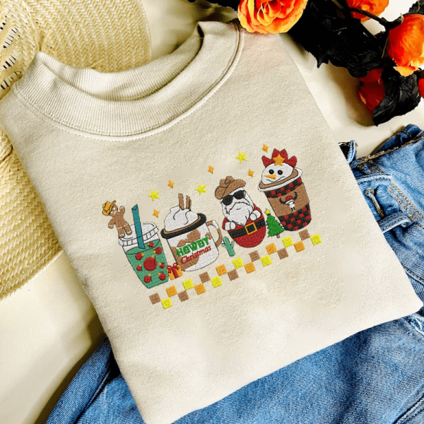 Christmas Coffee Embroidered Sweatshirt, Christmas Embroidery Hoodie