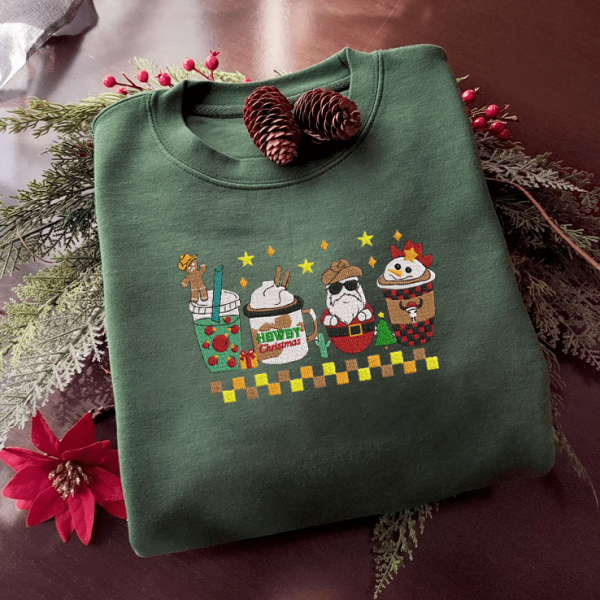 Christmas Coffee Embroidered Sweatshirt, Christmas Embroidery Hoodie