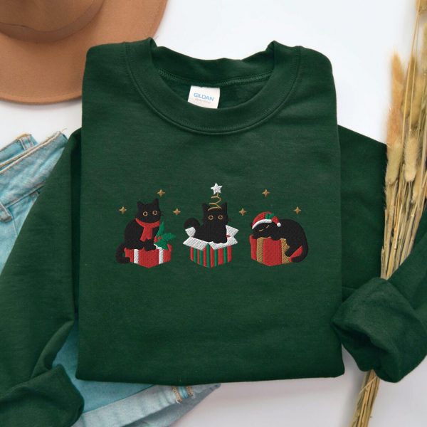 Black Cat Christmas Tree Embroidered Sweatshirts, T-Shirts, Hoodies