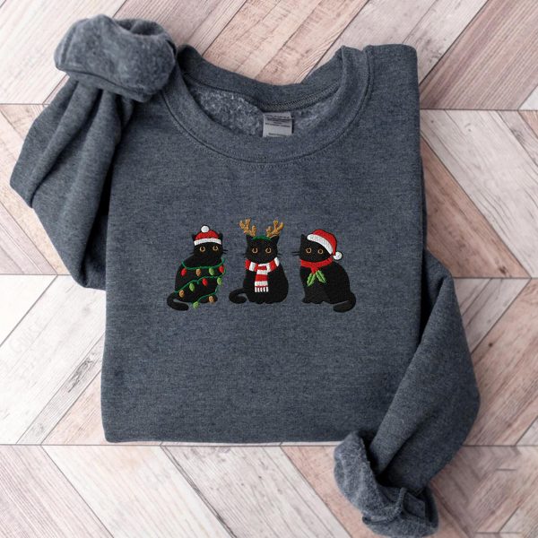 Black Cat Christmas Tree Embroidered Sweatshirts, T-Shirts, Hoodies