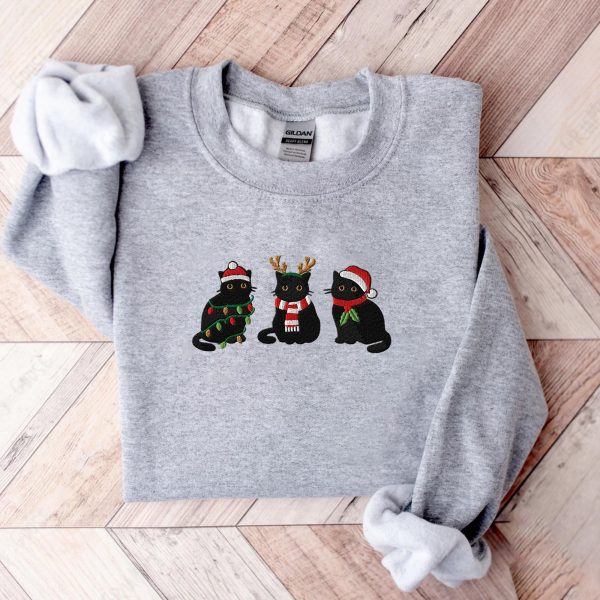 Black Cat Christmas Tree Embroidered Sweatshirts, T-Shirts, Hoodies