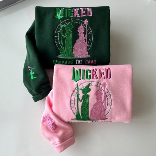 Wicked Change For Good Glitter Embroidered Sweatshirt, Elphaba and Glinda Embroidery Hoodie, Wicked Musical Movie Fan Xmas Gift