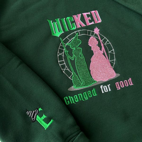 Wicked Change For Good Glitter Embroidered Sweatshirt, Elphaba and Glinda Embroidery Hoodie, Wicked Musical Movie Fan Xmas Gift