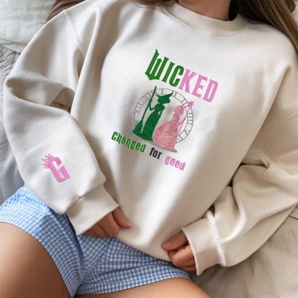 Wicked Change For Good Glitter Embroidered Sweatshirt, Elphaba and Glinda Embroidery Hoodie, Wicked Musical Movie Fan Xmas Gift